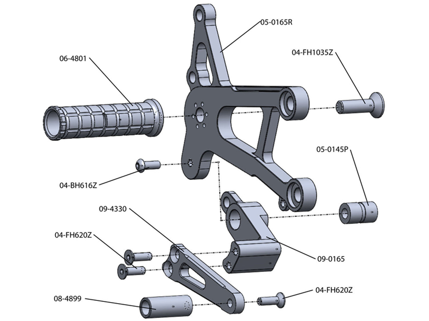 05-0165B Kawasaki Ninja ZX10 2006-10 Complete Rearset Kit w/ Pedals - STD/GP Shift - Woodcraft Technologies