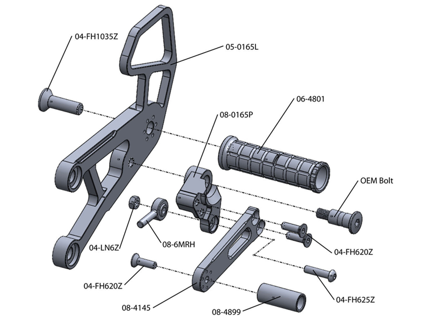 05-0165B Kawasaki Ninja ZX10 2006-10 Complete Rearset Kit w/ Pedals - STD/GP Shift - Woodcraft Technologies