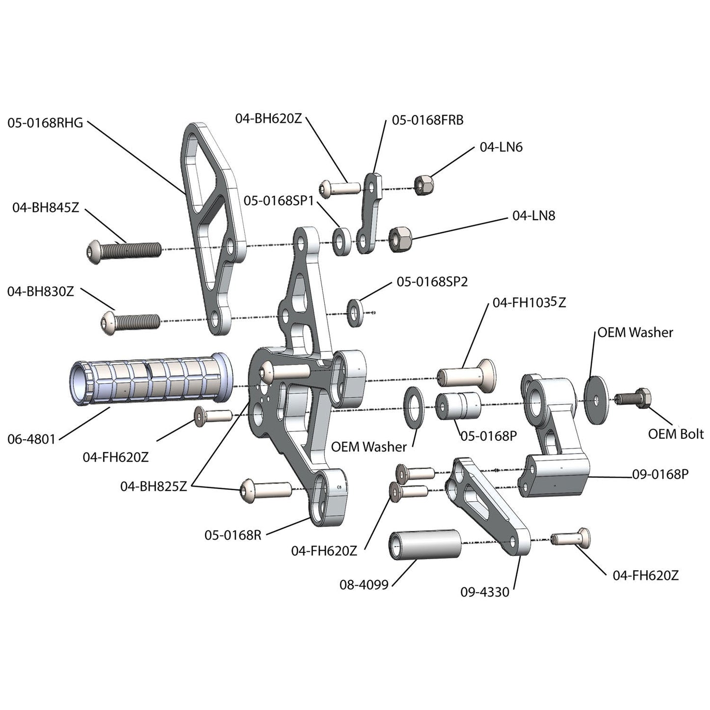 05-0168B Kawasaki Ninja ZX10 2011-15 Complete Rearset Kit w/ Pedals - STD Shift - Woodcraft Technologies