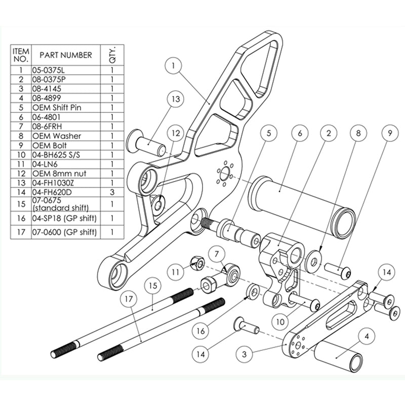 05-0375B Honda CBR250R/300R Complete Adjustable Rearset - STD Shift