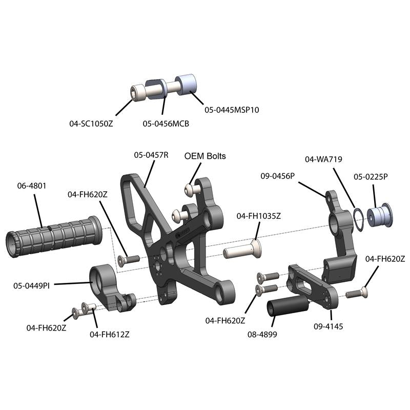 05-0456B Yamaha YZF-R6 2006-20 Complete Rearset Kit w/ Pedals - STD Shift - Woodcraft Technologies