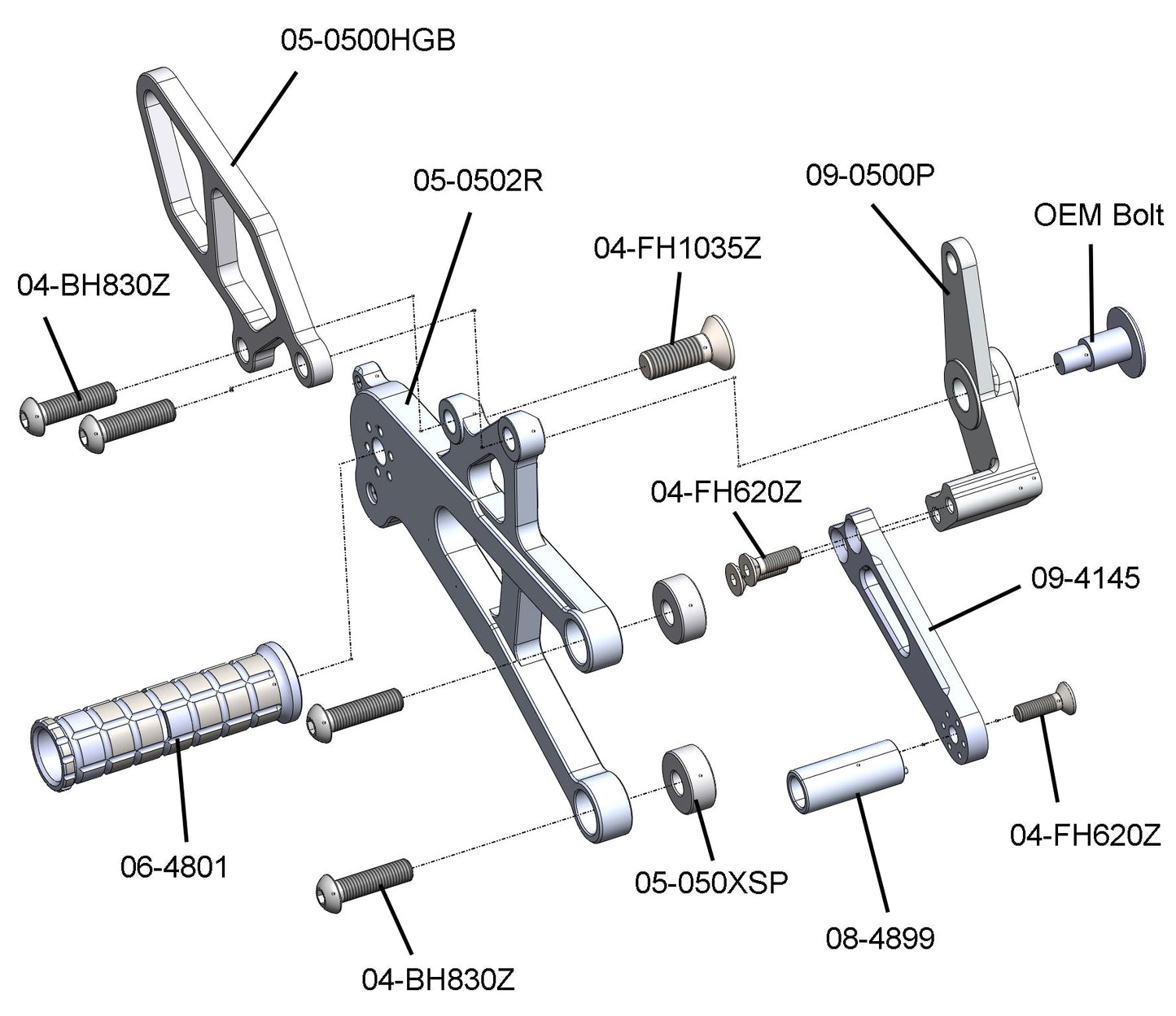 05-0500B Triumph Daytona 675 2006-12 Daytona 675R 2011-12 Complete Rearset Kit w/ Pedals - STD Shift - Woodcraft Technologies