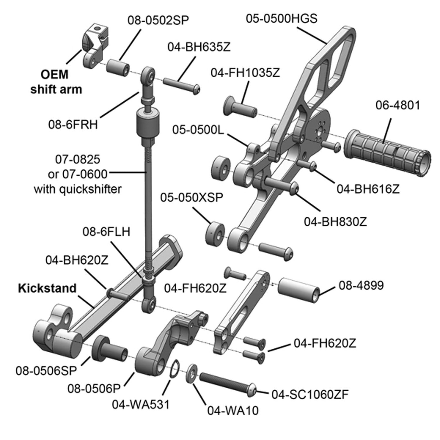 05-0506B Triumph Daytona 675 2013-17 Daytona 675R 2013-17 Complete Rearset Kit w/ Pedals - GP Shift w/o QS - Woodcraft Technologies
