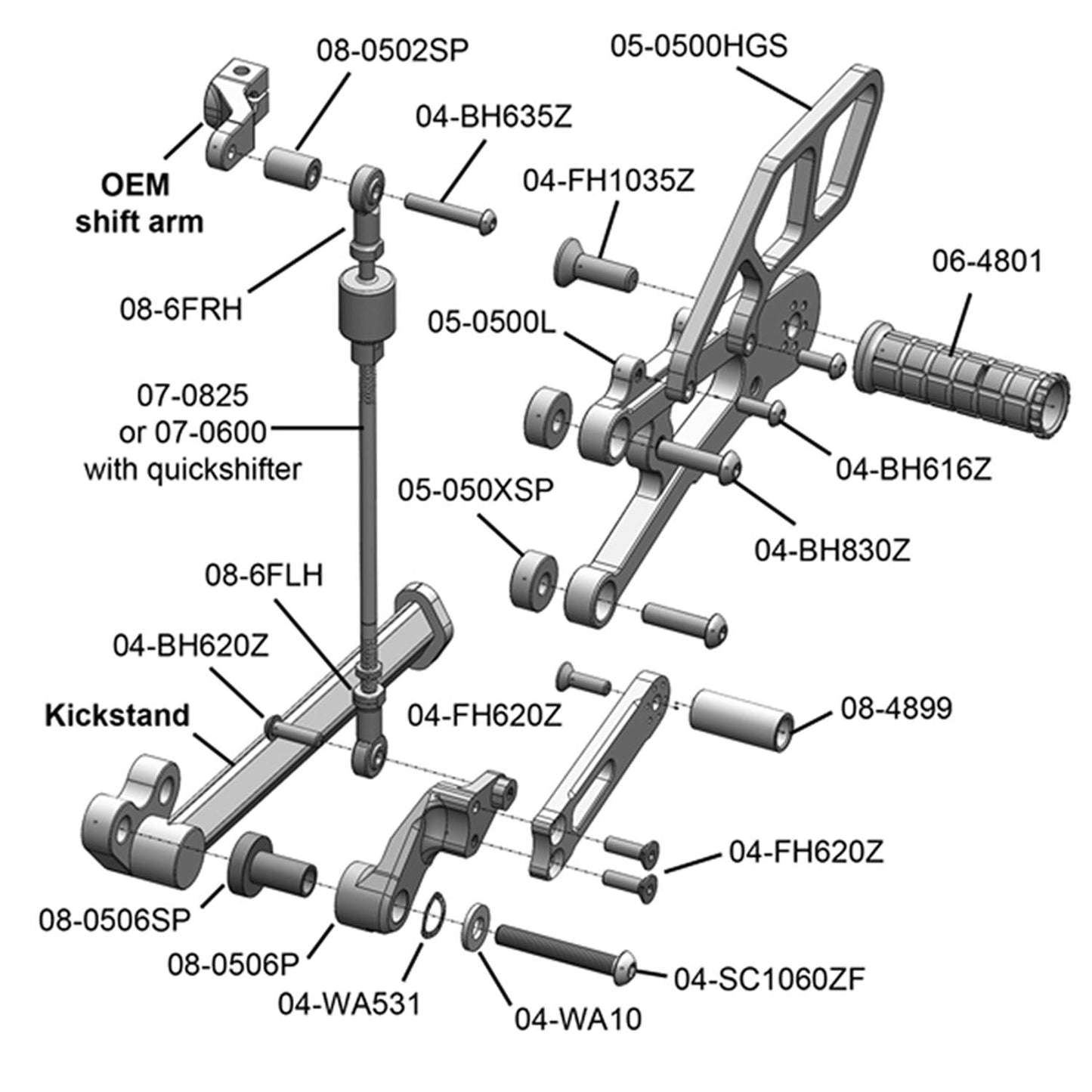 05-0507B Triumph Daytona 675 2013-17 Daytona 675R 2013-17 Complete Rearset Kit w/ Pedals - GP Shift w/ QS - Woodcraft Technologies