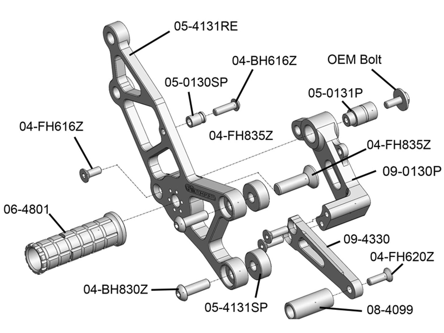 05-4131RE Kaw Ninja/EX250 Right Rearset Brkt 200817 KITS UPGRADED TO ADJUSTABLE BRACKETS FOOTPEGS - Please call if your kit was from original design for assistance. (non adjustable peg mount) - Woodcraft Technologies