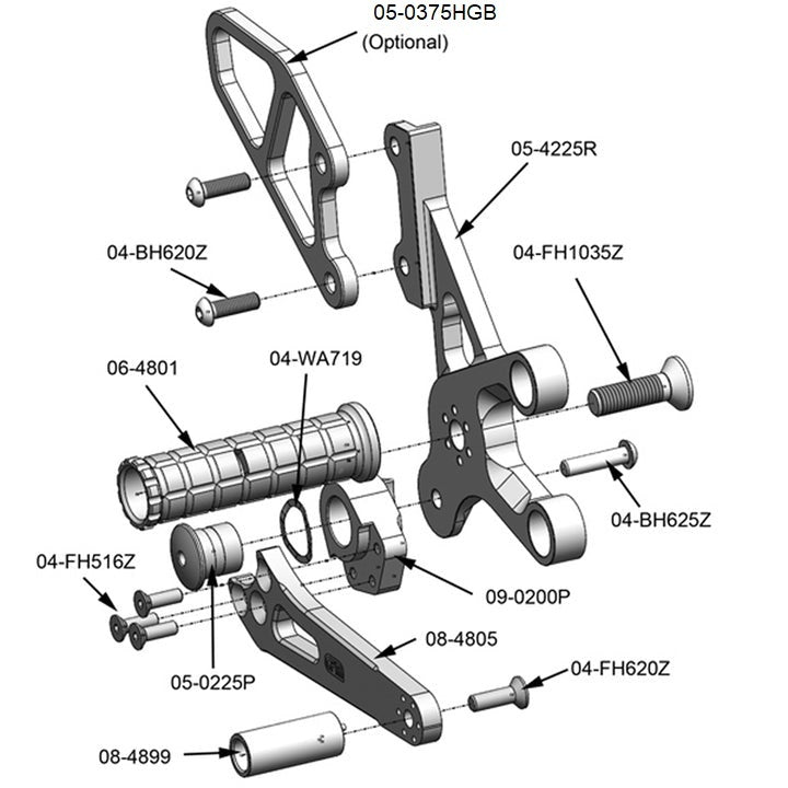 05-4227B Suzuki SV650 2003-09 Complete Rearset Kit w/ Pedals - GP Shift - Woodcraft Technologies