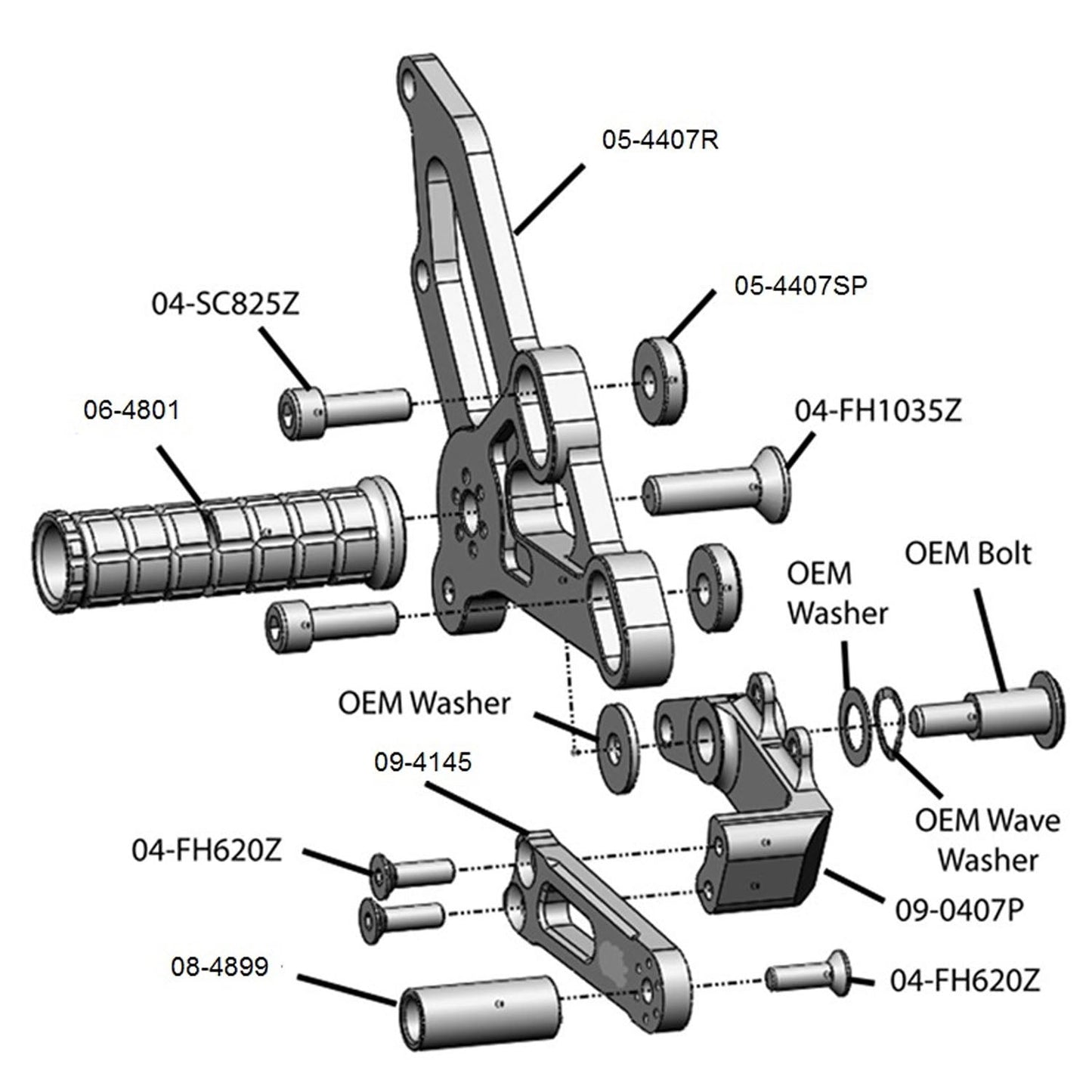 05-4407B Yamaha FZ07 2015-17 MT07 2018-20 XSR700 2018-20 Complete Rearset Kit w/ Pedals - STD/GP Shift - Woodcraft Technologies