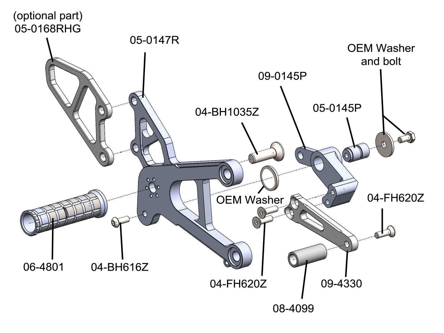 05-0147B 2007-08 Kawasaki ZX6/636 Complete Rearset - STD/GP Shift