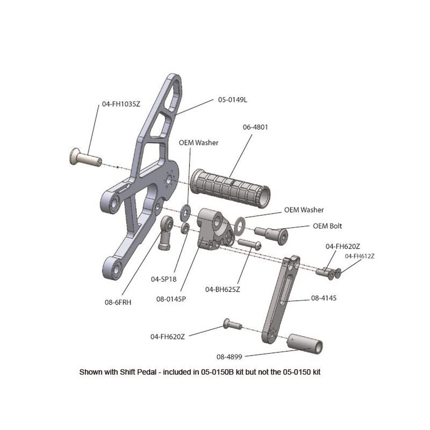 05-0149B Kawasaki Ninja ZX6 2009-12 Complete Rearset Kit w/ Pedals - STD/GP Shift - Woodcraft Technologies