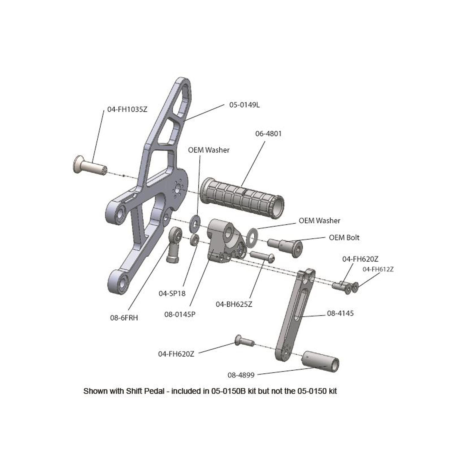 05-0149B Kawasaki Ninja ZX6 2009-12 Complete Rearset Kit w/ Pedals - STD/GP Shift - Woodcraft Technologies