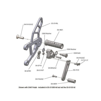 05-0149B Kawasaki Ninja ZX6 2009-12 Complete Rearset Kit w/ Pedals - STD/GP Shift - Woodcraft Technologies