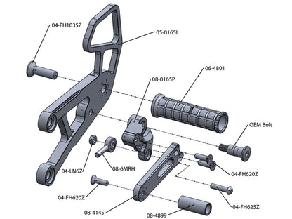 05-0165B Kawasaki Ninja ZX10 2006-10 Complete Rearset Kit w/ Pedals - STD/GP Shift - Woodcraft Technologies