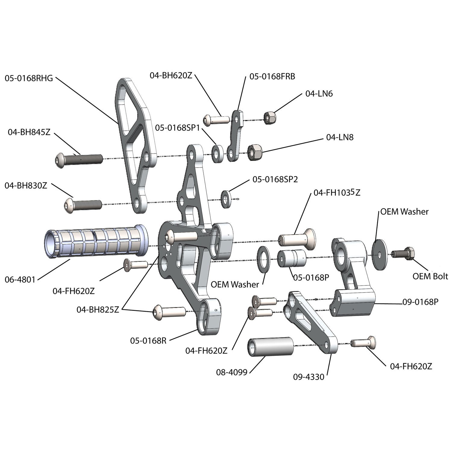 05-0168B Kawasaki Ninja ZX10 2011-15 Complete Rearset Kit w/ Pedals - STD Shift - Woodcraft Technologies