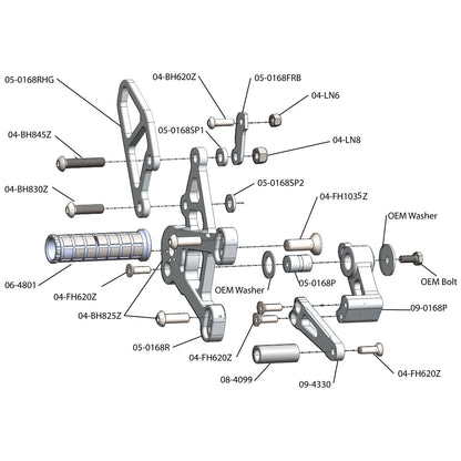 05-0168B Kawasaki Ninja ZX10 2011-15 Complete Rearset Kit w/ Pedals - STD Shift - Woodcraft Technologies