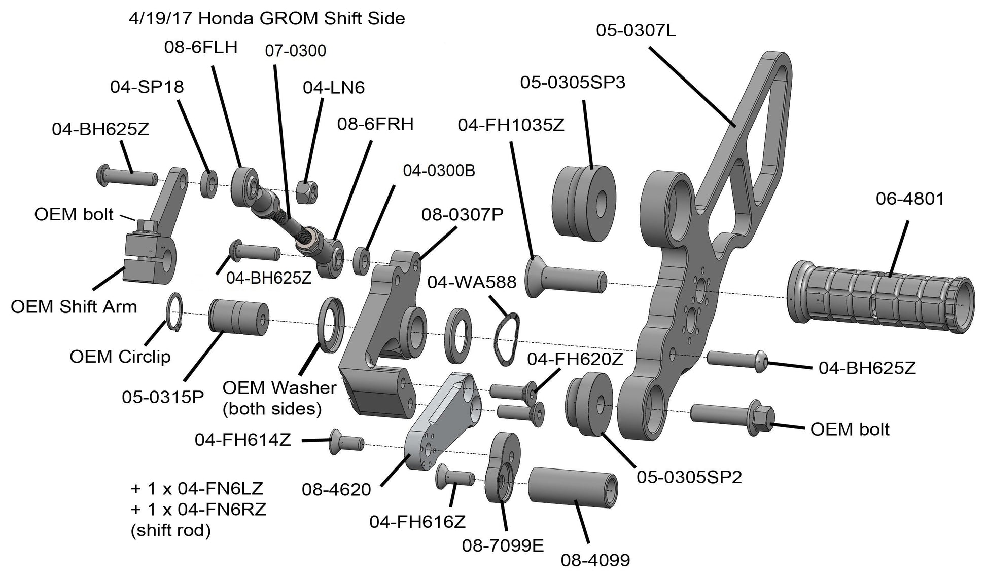 05-0307B Honda Grom  2014-20 Complete Rearset Kit w/ Pedals - STD/GP Shift - Woodcraft Technologies