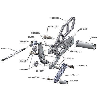 05-0500B Triumph Daytona 675 2006-12 Daytona 675R 2011-12 Complete Rearset Kit w/ Pedals - STD Shift - Woodcraft Technologies