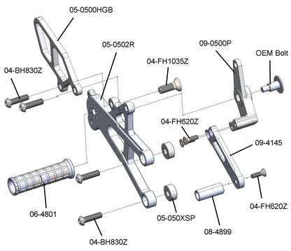 05-0500B Triumph Daytona 675 2006-12 Daytona 675R 2011-12 Complete Rearset Kit w/ Pedals - STD Shift - Woodcraft Technologies