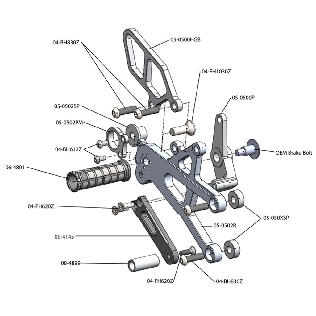 05-0503B Triumph Daytona 675 2013-17 Daytona 675R 2013-17 RACE USE ONLY (No Side Stand) Complete Rearset Kit w/ Pedals - GP Shift w/QS Rod - Woodcraft Technologies