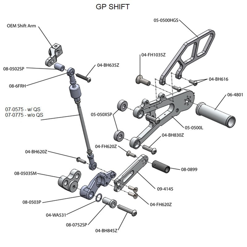 05-0503B Triumph Daytona 675 2013-17 Daytona 675R 2013-17 RACE USE ONLY (No Side Stand) Complete Rearset Kit w/ Pedals - GP Shift w/QS Rod - Woodcraft Technologies