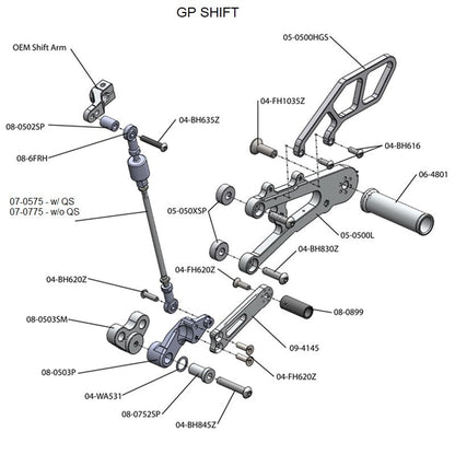 05-0503B Triumph Daytona 675 2013-17 Daytona 675R 2013-17 RACE USE ONLY (No Side Stand) Complete Rearset Kit w/ Pedals - GP Shift w/QS Rod - Woodcraft Technologies