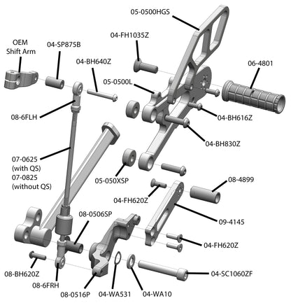 05-0516B Triumph 765 Street Triple Complete Rearset Kit w/ Pedals - GP Shift w/ Aftermarket Push QS