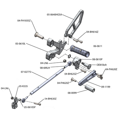 05-0610 Ducati  748 1994-02, 916 1993-99, 996 1999-01, 998 2002-03 Rearset w/Shift Pedal and Heel Guard - Woodcraft Technologies