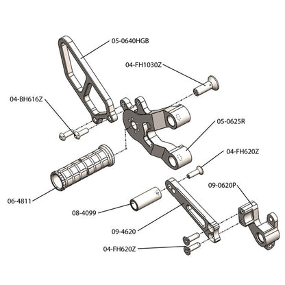 05-0625B Ducati 749 2003-06, 999 2003-06 Complete Rearset Kit W/Pedals - Woodcraft Technologies