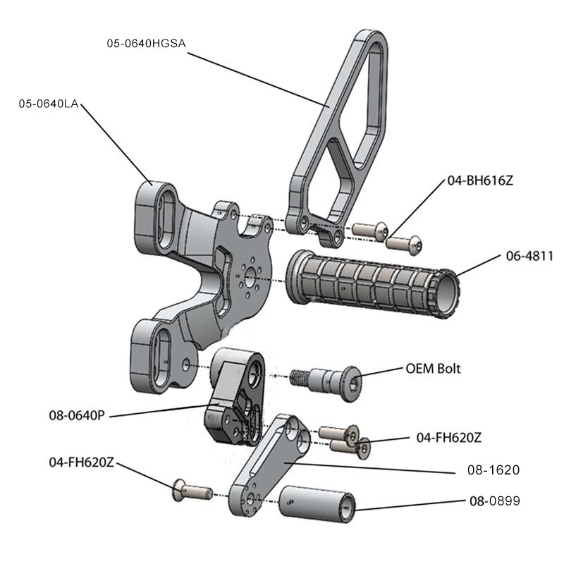 05-0640A Ducati 848 2008-11, 1098 2007-09 1198 2008-11, 848 EVO 2011-13 Rearset  w/Shifter Silver - Woodcraft Technologies