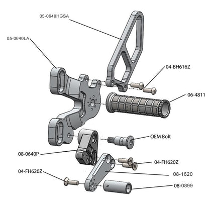 05-0640A Ducati 848 2008-11, 1098 2007-09 1198 2008-11, 848 EVO 2011-13 Rearset  w/Shifter Silver - Woodcraft Technologies