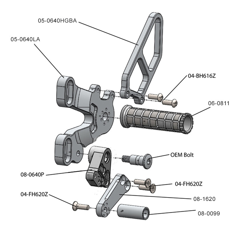 05-0640BA Ducati 848 2008-11, 1098 2007-09 1198 2008-11, 848 EVO 2011-13 Complete Rearset Kit w/ Pedals - Silver - STD/GP Shift - Woodcraft Technologies