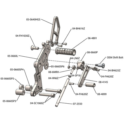 05-0660B Ducati Monster 696 2009-13, 796 2011-13,  1100 2009-10, 1100EVO 2011-13 Complete Rearset w/ Pedals - STD/GP Shift - Woodcraft Technologies