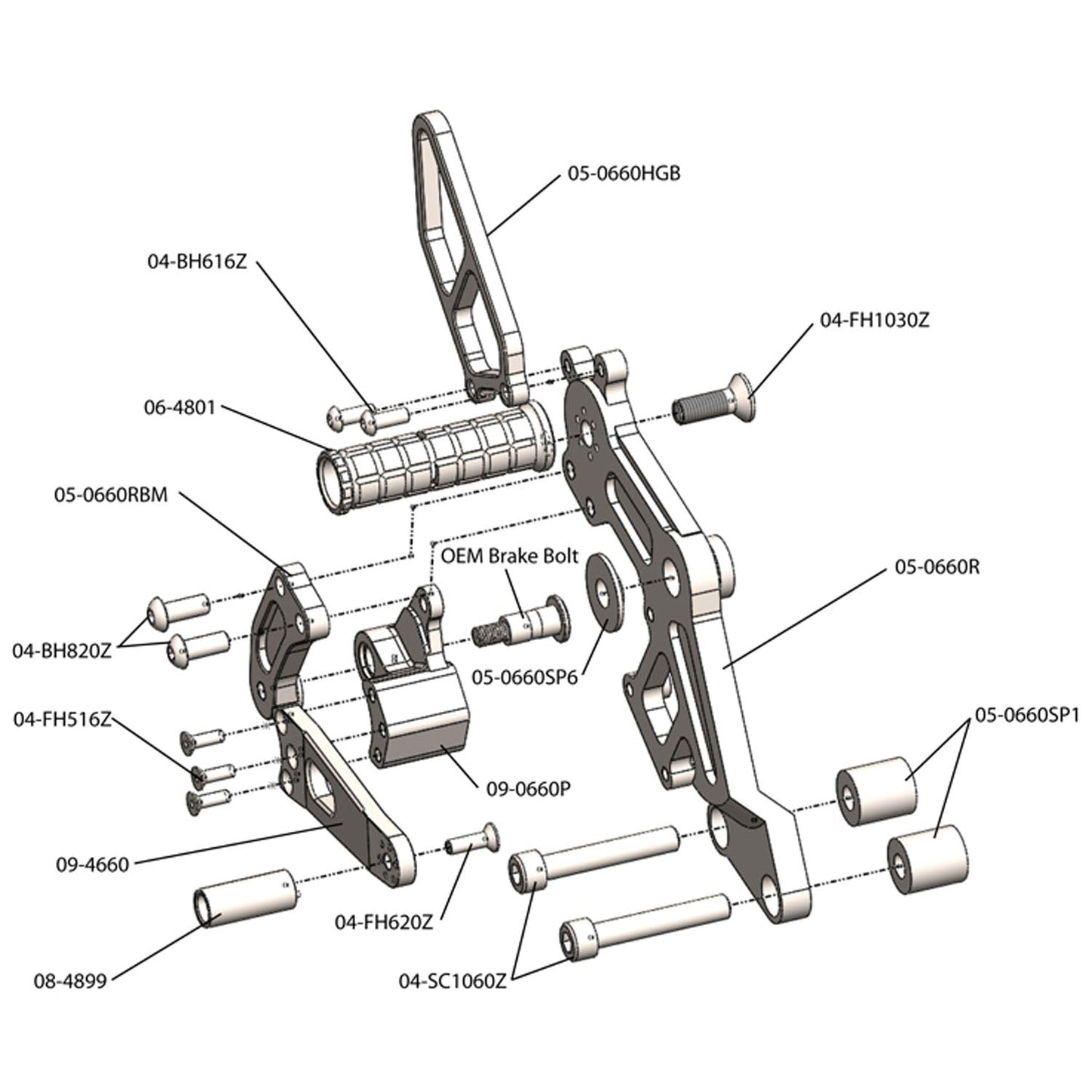 05-0660B Ducati Monster 696 2009-13, 796 2011-13,  1100 2009-10, 1100EVO 2011-13 Complete Rearset w/ Pedals - STD/GP Shift - Woodcraft Technologies