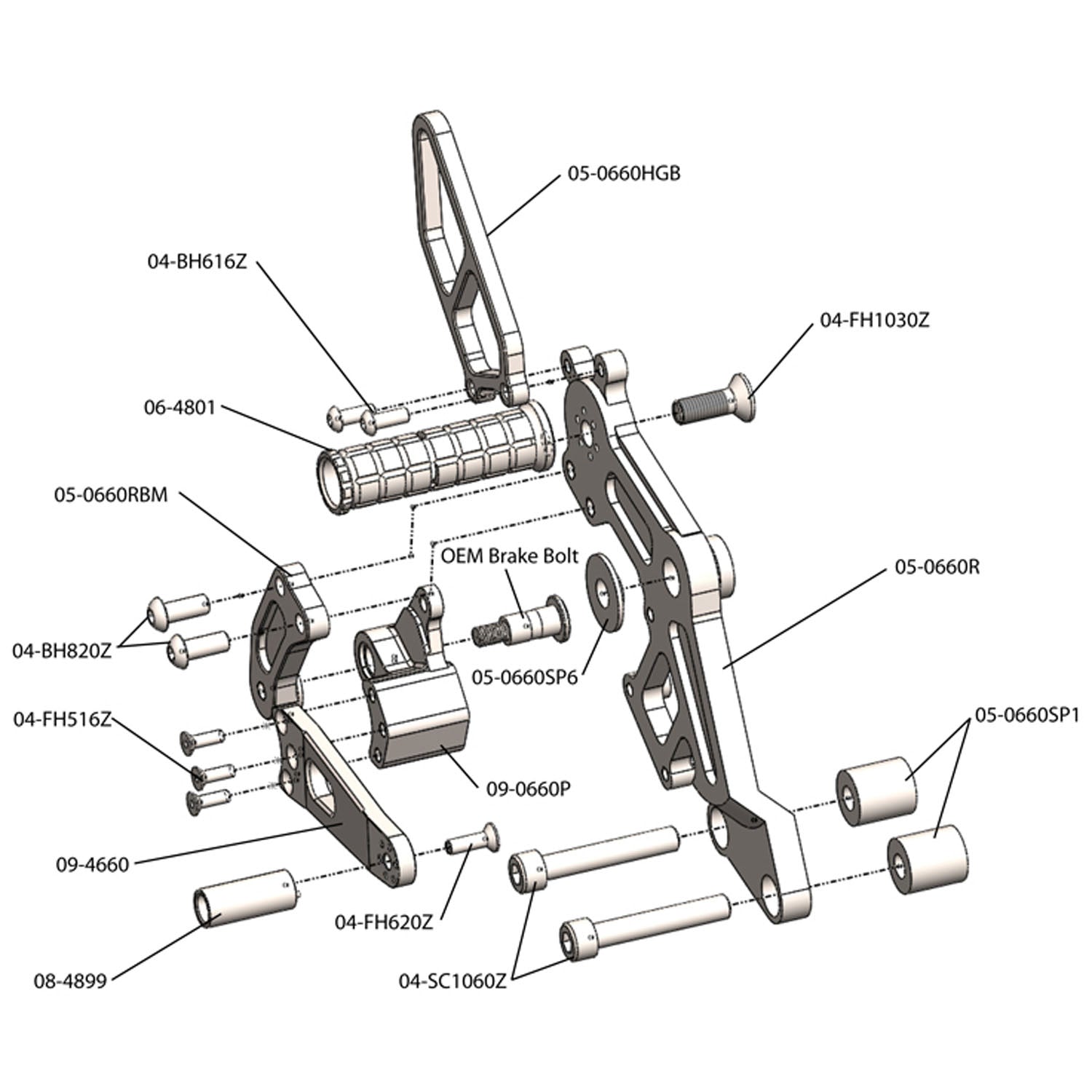 05-0660B Ducati Monster 696 2009-13, 796 2011-13,  1100 2009-10, 1100EVO 2011-13 Complete Rearset w/ Pedals - STD/GP Shift - Woodcraft Technologies