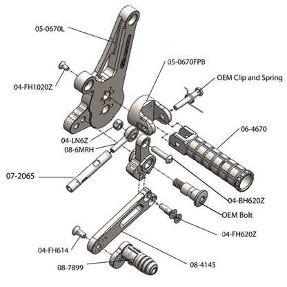 05-0671B Ducati 1198 Diavel GP Shift Adjustable  Complete Rearset W/Pedals - Woodcraft Technologies
