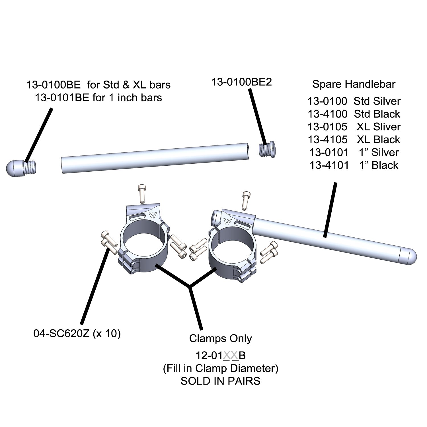 Woodcraft Motorcycle Clip ons for Kawasaki Ninja ZX-7 / Ninja ZX-9R 52mm Clamp, 7/8" Bar - Woodcraft Technologies
